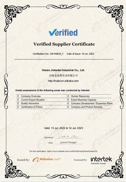 China Henan Jinbailai Industrial Co., Ltd. Certification
